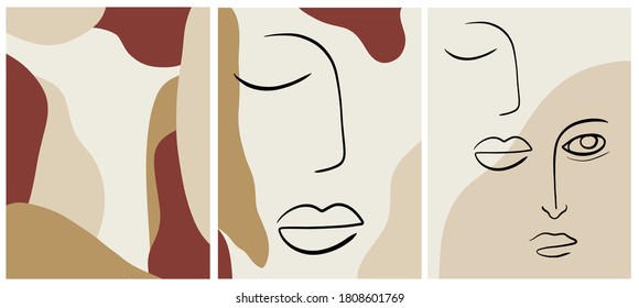 Creative templates with one line face portrait, contemporary abstract colorful shapes. Cubism face. Design promotion. 