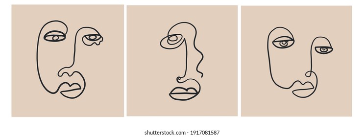 Creative templates with one line face portrait, contemporary abstract colorful shapes. Cubism face. Design promotion. 