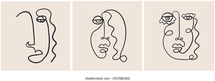 Creative templates with one line face portrait, contemporary abstract colorful shapes. Cubism face. Design promotion. 