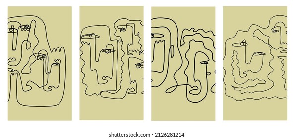Creative templates with one line face portrait, contemporary abstract colorful shapes. Cubism face. Design promotion. 