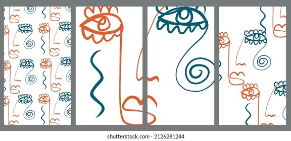 Plantillas creativas con retrato de una línea, formas coloridas abstractas contemporáneas. Cara de cubismo. Promoción del diseño. 