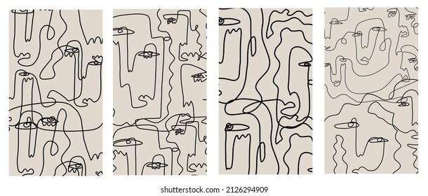 Plantillas creativas con retrato de una línea, formas coloridas abstractas contemporáneas. Cara de cubismo. Promoción del diseño. 