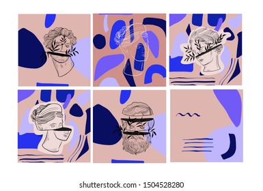 Creative templates for promotion social media post with composition of contemporary minimal shapes, marble woman goddess statue and antique greek sculpture of man. Set of cover cards in modern style.