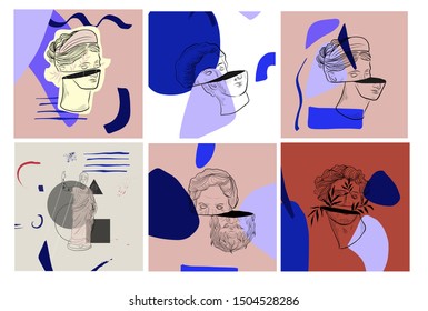Creative templates for promotion social media post with composition of contemporary minimal shapes, marble woman goddess statue and antique greek sculpture of man. Set of cover cards in modern style.