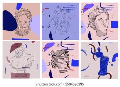 Creative templates for promotion social media post with composition of contemporary minimal shapes, marble woman goddess statue and antique greek sculpture of man. Set of cover cards in modern style.