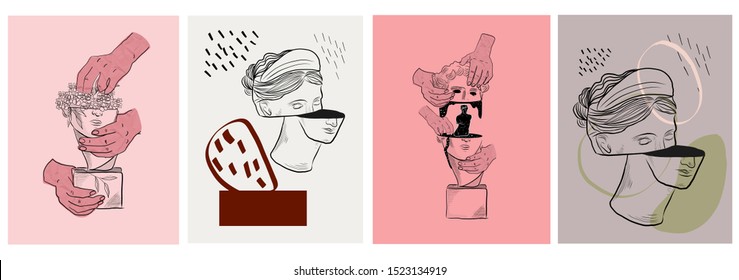 Creative templates for promotion social media post with composition of contemporary minimal shapes, marble woman goddess statue and antique greek sculpture of man. Set of cover cards in modern style.