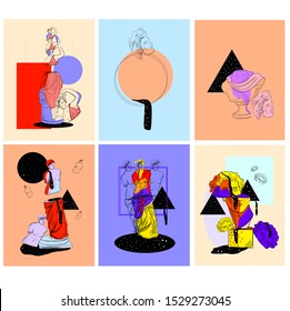 Creative templates for promotion social media post with composition of contemporary minimal shapes, marble woman goddess statue and antique greek sculpture of man. Set of cover cards in modern style.