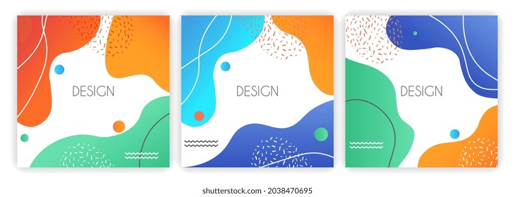 Plantillas creativas para redes sociales. Conjunto de carteles cuadrados coloridos con formas abstractas, líneas. Portadas para sitios web al estilo Memphis. Colección vectorial plana de dibujos animados aislada en el fondo de la luz
