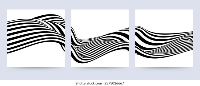 Creative templates for social networks. Set of white square posters with abstract waves, lines.