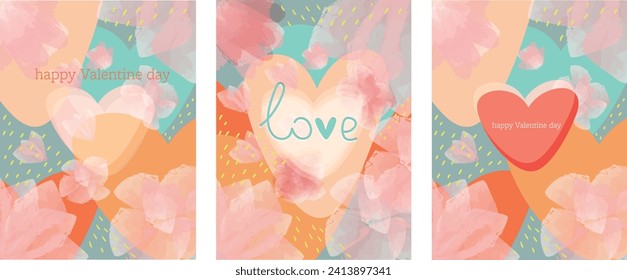 Creative tender concept of Happy Valentines Day cards set. Modern abstract art design with hearts, geometric  shapes. Templates for celebration, branding, banner, cover, label, poster, sales