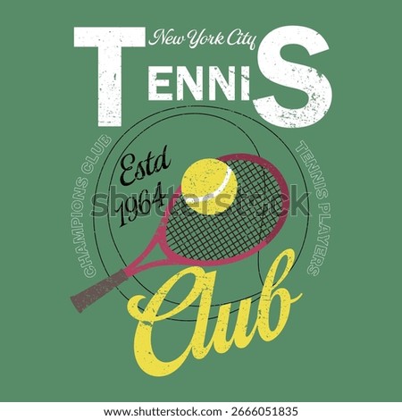 A creative tennis design with a racket and a tennis ball, featuring bold text and a vintage-style emblem. Great for graphic prints, apparel, and posters for tennis fans and sportswear brands.