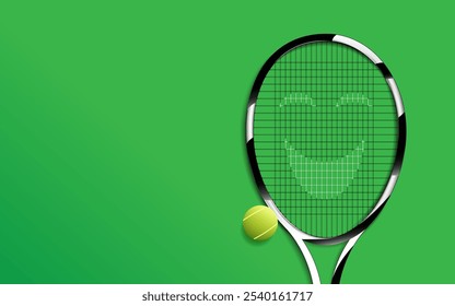 Raqueta de tenis creativa con un patrón de cara sonriente en las cuerdas, acompañada de una pelota de tenis sobre un fondo verde vibrante