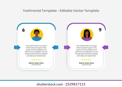 Creative Testimonial Editable Vector template, Empty speech bubbles, What our Clients Say, Quote, Review, Feedback, Infographic Template, Label, editable text box layout design, recommendation note
