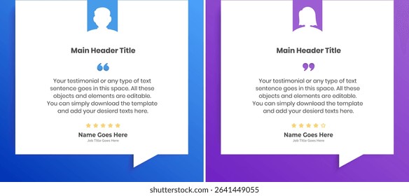 Creative Testimonial Editable Vector template, Empty speech bubbles, What our Clients Say, Quote, Review, Feedback, Infographic Template, Label, text box layout design, recommendation note, rate us
