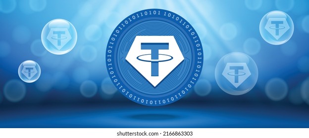 Creative Tether (USDT) crypto currency coin with symbol of the virtual electronic cash. Vector illustration template for banners, web backgrounds and wallpaper design. 