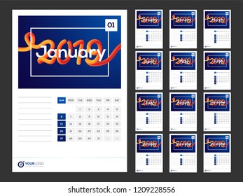 Texto creativo 2019 sobre fondo azul brillante, diseño de calendario de pared con espacio para sus notas importantes.