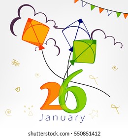 Creative text of 26th January with Tri-Color Kites on decorative background for Happy Republic Day.