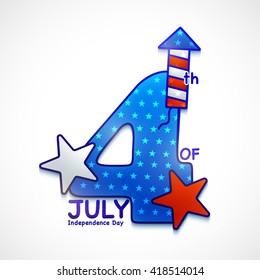 Creative text 4th of July with Stars and Firecracker on grey background for American Independence Day celebration.