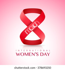 Creative text 8 March made by glossy ribbon on shiny pink background for Happy Women's Day celebration.