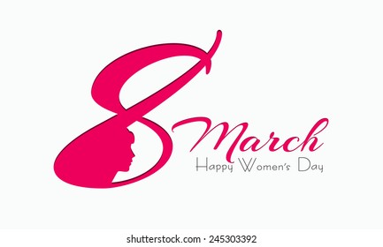Texto creativo el 8 de marzo con silueta rosa de chicas sobre fondo blanco para la celebración del Día de la Mujer Feliz.
