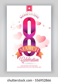 Creative text 8 March with ribbon on glossy hearts decorated background, Can be used as Template, Banner or Flyer design for International Women's Day celebration.