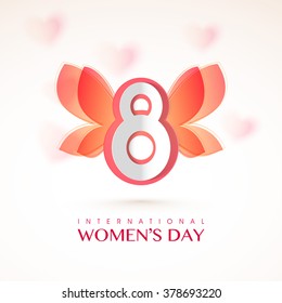 Creative text 8 with stylish wings on glossy hearts decorated background for International Women's Day celebration.