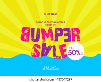 Creative Text Bumper Sale on rays background, Sale Poster, Sale Banner, Sale Flyer, Flat 50% Off, Vector illustration.