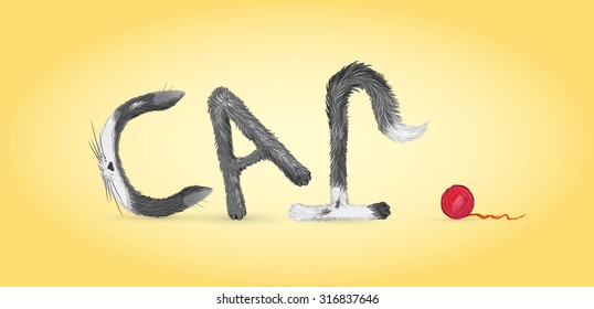 creative text "cat"  with funny fluffy spot letters ears, tail, paws and  red ball of yarn on yellow background,  vector