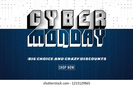 Creative text Cyber Monday on white and blue digital circuit background. Website poster or banner design.