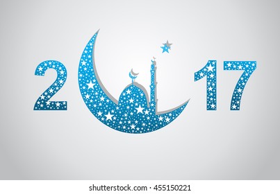 Creative text design Christmas or Christmas inscriptions in 2017 of the stars with the silhouette of the mosque and related to the Islamic religion