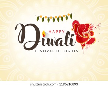 ”Happy Diwali” Creative Text Design with Lord Ganesha for Hindu Festival Deepawali.
