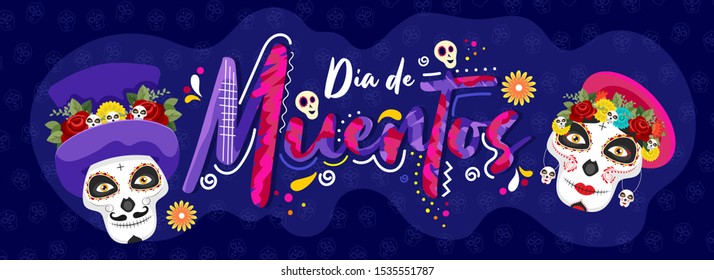 Creative text of Dia De Muertos with sugar skulls on blue skull pattern background for Day of the dead. Header or banner design.