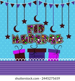 Creative Text Eid Mubarak with colourful gifts on moons and stars decorated background, Greeting Card design for Islamic Holy Festival, Eid Mubarak celebration.