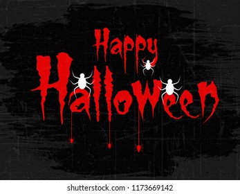 Creative text of Happy Halloween or Hand Lettering vector on scary background with hanging spiders and web vector illustration