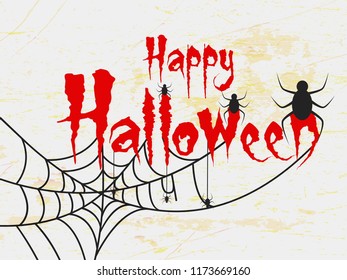 Creative text of Happy Halloween or Hand Lettering vector on scary background with hanging spiders and web vector illustration