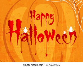 Creative text of Happy Halloween or Hand Lettering vector on scary background with hanging spiders and web vector illustration