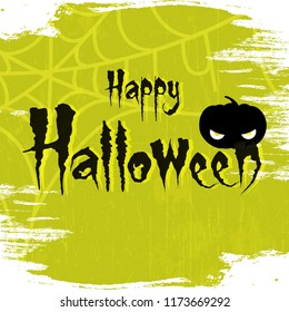 Creative text of Happy Halloween or Hand Lettering vector on scary background with hanging spiders and web vector illustration