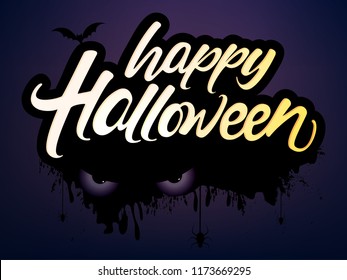 Creative text of Happy Halloween or Hand Lettering vector on scary background with hanging spiders and web vector illustration