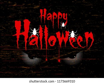 Creative text of Happy Halloween or Hand Lettering vector on scary background with hanging spiders and web vector illustration