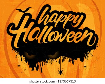 Creative text of Happy Halloween or Hand Lettering vector on scary background with hanging spiders and web vector illustration