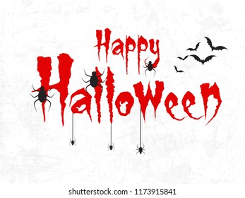 Creative text of Happy Halloween or Hand Lettering vector on scary background with hanging spiders and web