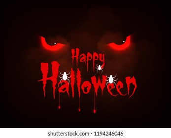 Creative text of Happy Halloween or Hand Lettering vector on scary background with hanging spiders and web
