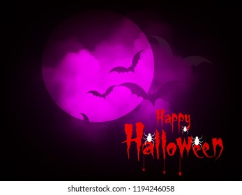 Creative text of Happy Halloween or Hand Lettering vector on scary background with hanging spiders and web