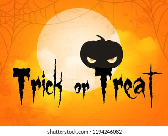 Creative text of Happy Halloween or Hand Lettering vector on scary background with hanging spiders and web
