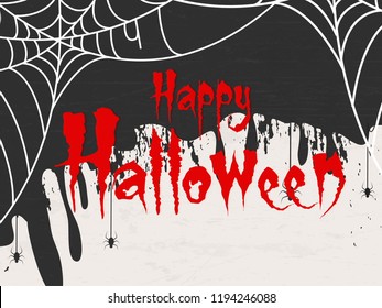 Creative text of Happy Halloween or Hand Lettering vector on scary background with hanging spiders and web