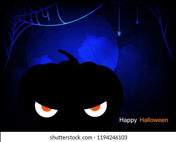 Creative text of Happy Halloween or Hand Lettering vector on scary background with hanging spiders and web