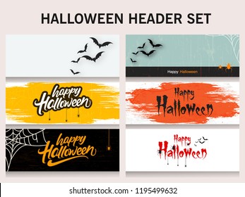 Creative text of Happy Halloween or Hand Lettering vector on scary background with hanging spiders and web