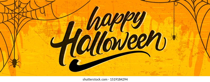 Creative text of Happy Halloween or Hand Lettering vector on scary background with hanging spiders and web