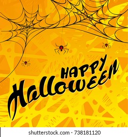 Creative text of Happy Halloween or Hand Lettering vector on scary background with hanging spiders and web for the celebration of Halloween