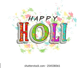 Texto creativo Happy Holi sobre el colorido fondo salpicado, se puede usar como afiche o diseño de banner.
